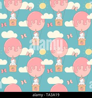 cute cartoon seamless vector pattern background illustration with unicorn flying with air balloon in the sky Stock Vector