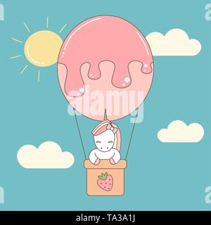 cute cartoon unicorn flying with air balloon in the sky vector flat illustration Stock Vector