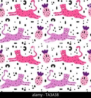 cute trendy abstract seamless vector pattern background illustration with leopards, pineapples and brush strokes Stock Vector