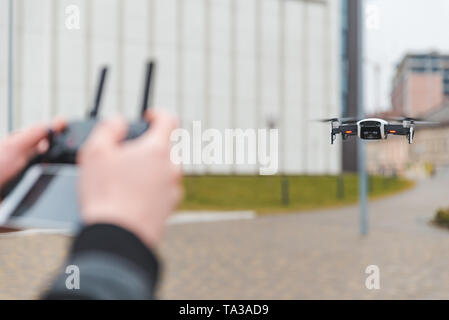drone close up person hands holding controller. copy space Stock Photo