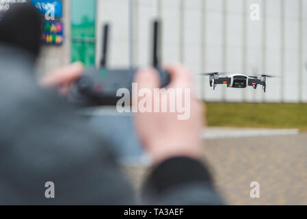 drone close up person hands holding controller. copy space Stock Photo