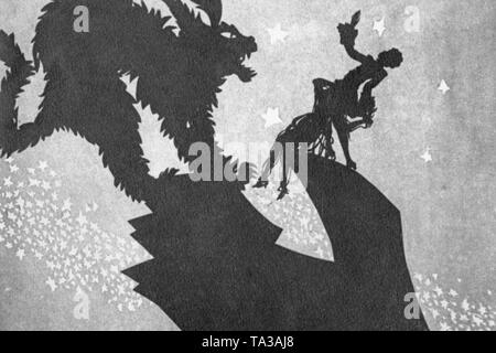 This photo shows a scene from the silhouette film 'Amor und das standhafte Liebespaar' by Charlotte Reiniger. The silhouette film, also known as silhouette animation, is a technique of animated film in which silhouettes are put together on a lighted glass plate in front of a white or black background to form a film. The result is the silhouette film, inspired by shadow theater and the pictorial techniques of silhouette cutting. Stock Photo