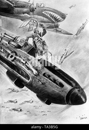 This Nazi propaganda poster shows a British Defiance machine, which crashes after being shot down by a German Messerschmitt Bf 110 battle plane. Drawing: Hans Adolph Stock Photo