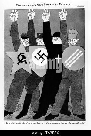 This caricature depicts the parties SPD, KPD, NSDAP and Centre Party, which are united in their fight against Chancellor Franz von Papen and his 'Cabinet of the Barons'. Stock Photo