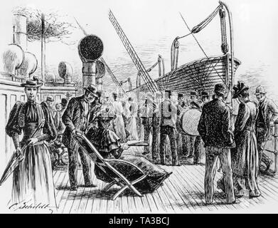 Passengers of a ship talk on the deck. Further back a band is playing. Undated photo from around 1870. Stock Photo