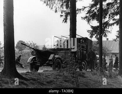 During the autumn maneuvers in Mecklenburg soldiers make a stop at a forest edge with a light anti-aircraft gun. This is pulled by a truck of the Wehrmacht. The gun is a 2cm Flak 30. Stock Photo