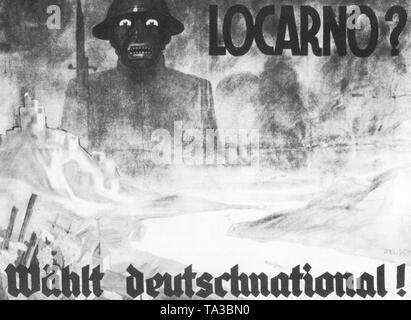 The election campaign of the DNVP (German National People's Party) for the Reichstag election in 1928, set the mood against the Treaty of Locarno, which envisaged a foreign-policy rapprochement between Germany and France. The picture shows a smiling black French soldier, who threatens the German Rhine, its castles and vineyards with a fixed bayonet.