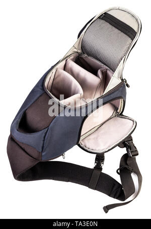 Used black and blue fabric camera bag isolated on white background Stock Photo