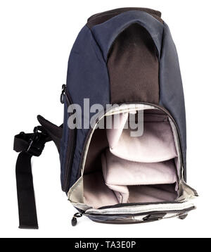 Used black and blue fabric camera bag isolated on white background Stock Photo