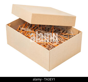 Opened Gift Box With Decorative Straw Filler Shavings Stock Photo