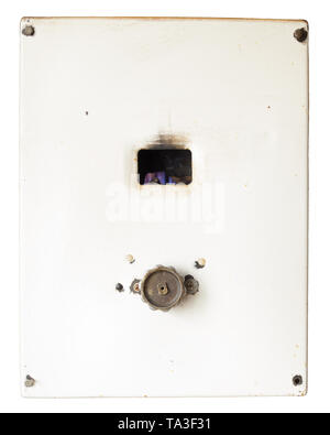 Fired up old russian gas water heater with flat front panel isolated on white background Stock Photo