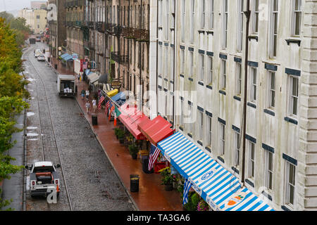 Savannah, GA - November 5, 2018:  Shops and restaurants along historic River St  in Savannah Georgia Stock Photo