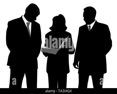 Businesswoman showing a new project plan to two businessmen colleagues Stock Vector