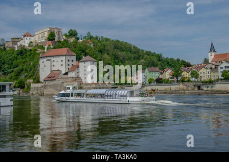 City of Three Rivers - One of the most beautiful cities in Germany, Passau is situated at the confluence of the rivers Danube, Inn and Ilz. Stock Photo