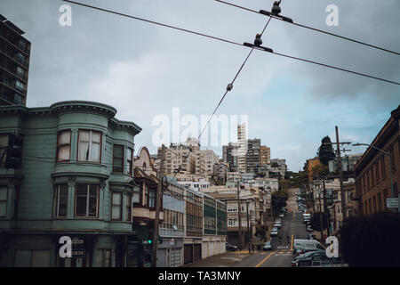 Busy San Francisco Street with Apartments and Trams Stock Photo