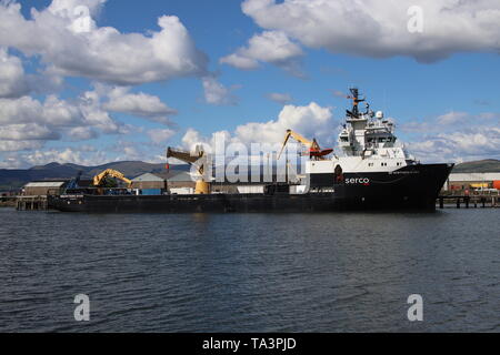 SD Northern River, a multi-purpose support vessel operated by Serco Marine Services, at Great Harbour in Greenock. Stock Photo