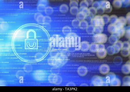 white padlock icon on blue binary code background defocused light bokeh. digital world cyber security hacker and virus protection concepts. data bubbl Stock Photo