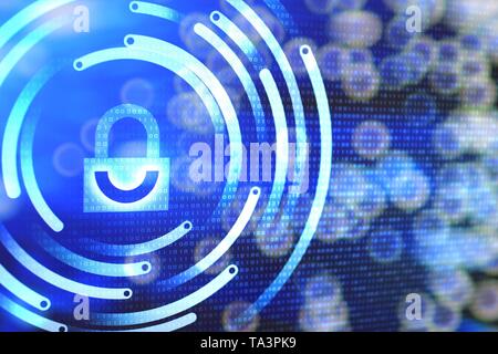 white padlock icon on blue binary code background defocused light bokeh. digital world cyber security hacker and virus protection concepts. data bubbl Stock Photo