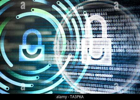 double check security. double exposure image of padlocks icon on computer screen. cyber security protection against hackers virus and spyware. binary  Stock Photo