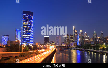Philadelphia skyline at night with the Schuylkill River on the foreground Stock Photo