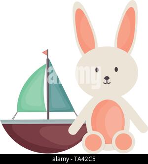 stuffed bunny and sailboat toy entertainment vector illustration design Stock Vector