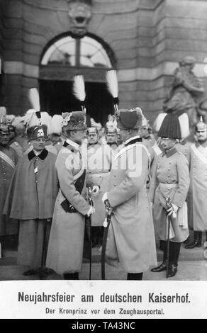 Crown Prince Wilhelm of Prussia (1st row left) with his brothers Friedrich Eitel (1st row right) and Prince August Wilhelm (2nd row right) in front of the Zeughaus. Stock Photo