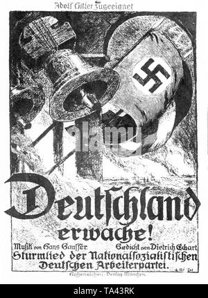 An exhibition shown under the motto 'Schicksalsweg der Nation' (Destiny of the Nation) during the Nazi Party Rally 1936 in Nuremberg, Here is a poster that combines the call of the Kiel Soldiers' Council 'Germany awake' from 1918 with a poem by Dietrich Eckart into a Nazi song. Stock Photo