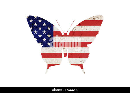 Butterfly silhouette in colors of USA national flag in grunge style isolated on white background. American flag in the form of a butterfly silhouette. Stock Photo