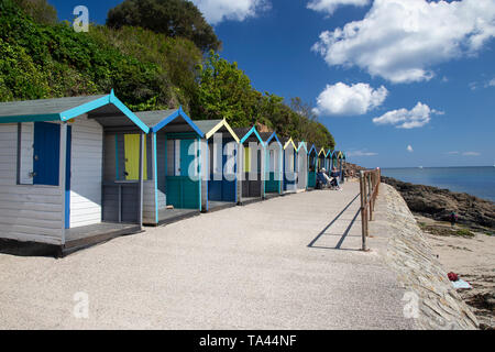 A series of colourful beach huts or beach cabins on the harbour wall of Swanpool beach and sandy cove near Falmouth in South West Cornwall, U.K. Stock Photo