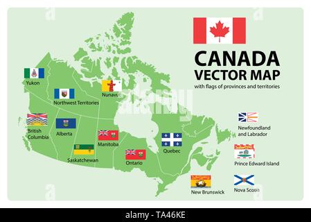 Vector set. Map of Canada with provinces and territories borders and vector flags. Stock Vector