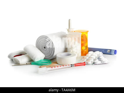 Items from first aid kit on white background Stock Photo - Alamy