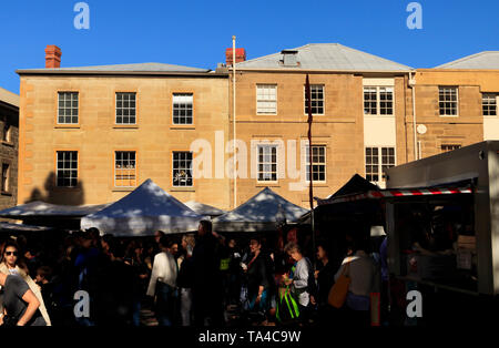 Salamanca Place in Hobart, Tasmania Australia is a popular shopping area especially on Saturday when the Salamanca Markets are set up. Stock Photo