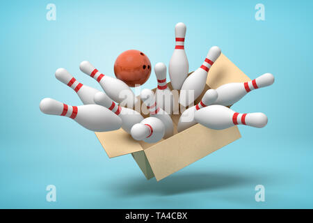 3d rendering of cardboard box full of white bowling pins and one brown bowling ball in mid-air on light-blue background. Stock Photo