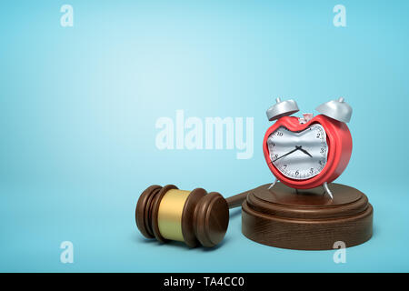 3d rendering of smashed broken alarn clock on round wooden block and brown wooden gavel on blue background Stock Photo