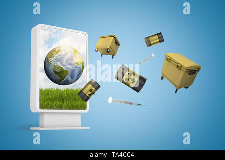 3d rendering of information display showing Earth with trash cans and radioactive waste barrels flying out from screen on blue background. Stock Photo