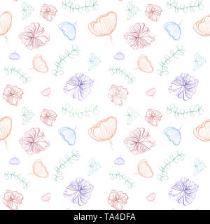 Seamless cute multicolored pattern with flowers of tulip, lily and leaves.White background. Line drawing, graphics.Nature illustration for design.Can  Stock Photo
