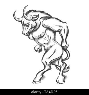 Ancient Greek mythological monster Minotaur in engraving style on white. Vector illustration. Stock Vector