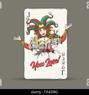 Joker coming out of fractured playing card with lettering You Lose. Vector illustration. Stock Vector