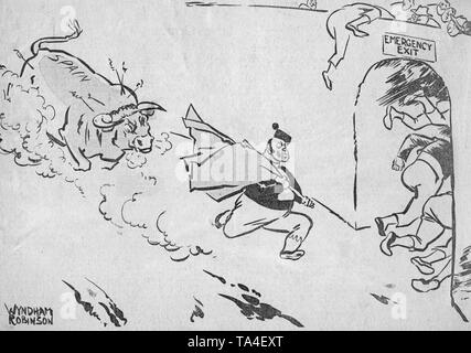 Undated print of a caricature of the Spanish Civil War and the offensives of the Spanish national troops by the British cartoonist Wyndham Robinson (born 1883) under the title 'The Red Flag and the Bull', 1936. The caricature depicts a wild Spanish bull that is chasing out a torero with a red cloth (Republic, Communists) from the arena through an emergency exit. Robinson worked for the 'Morning Post' in London, and was known for his anticommunist drawings in the 1930s. Stock Photo