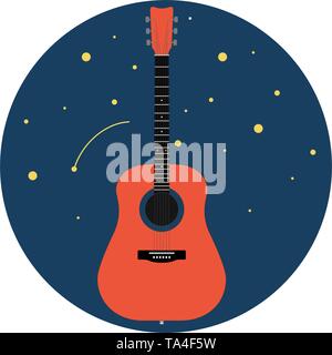 acoustic guitar against the starry sky isolated on white background. Vector illustration. Stock Vector