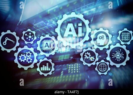 Artificial intelligence hi-tech business technologies concept. Futuristic server room background. AI Stock Photo