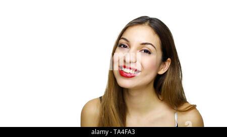 Happy cheerful young woman at positive news  looking at camera with joyful and charming smile Stock Photo