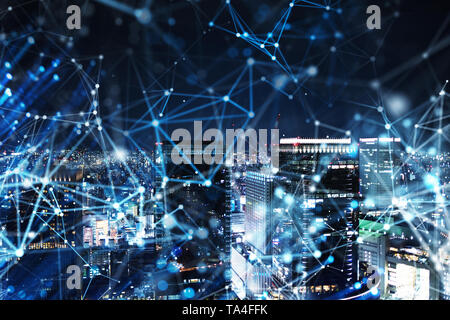 Fast connection in the city at night. Abstract technology background Stock Photo