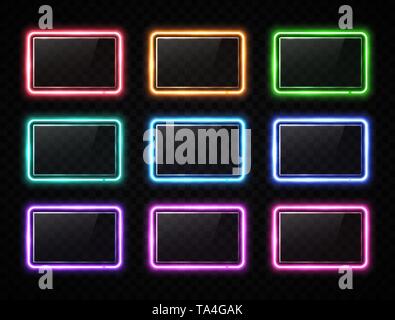 Colorful neon square signs set with glass texture. Stock Vector