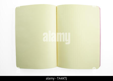 Opened notebook with blank pages on white background Stock Photo