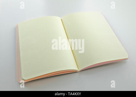 Opened notebook with blank pages on white background Stock Photo