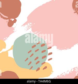 Hand painted brush strokes in pink, mustard, mint, brown, white. Seamless vector abstract pattern, background of texture brush strokes and spots, dots Stock Vector