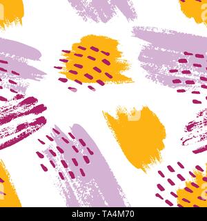 Hand painted brush strokes in mustard, purple, lilac and white. Seamless vector abstract pattern, background of texture brush strokes and spots, dots. Stock Vector