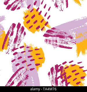 Hand painted brush strokes in mustard, purple, lilac and white. Seamless vector abstract pattern, background of texture brush strokes and spots, dots. Stock Vector