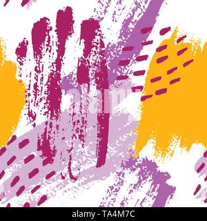 Hand painted brush strokes in mustard, purple, lilac and white. Seamless vector abstract pattern, background of texture brush strokes and spots, dots  Stock Vector